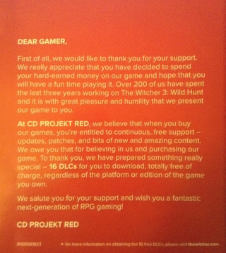 Illustration for article titled The Witcher 3 Has A Heartfelt Thank You Note Inside